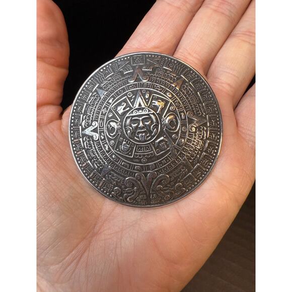 Taxco Jewelry - Sterling Silver Aztec Sun Calendar Mexico 2" Pendant Brooch Pin 925